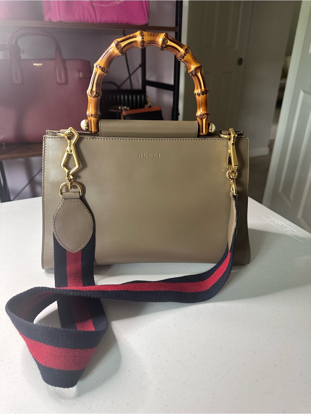Gucci Taupe Leather Bamboo-Handle Satchel with Navy & Red Strap - Picture 2 of 16